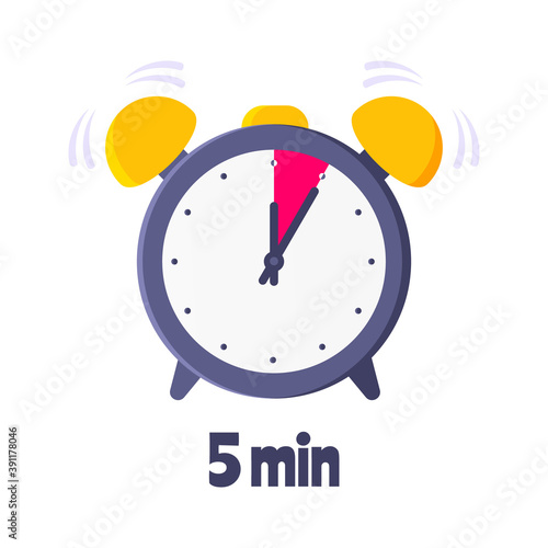 Five minutes on analog clock face flat style design vector illustration icon sign isolated on white background. Analogue wall clock 5 minutes time management business concept.