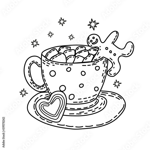 Winter drink with marshmallow and gingerbread man. Coloring book. Icon. Vector.