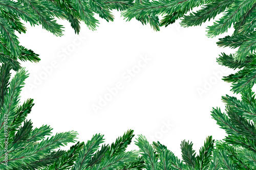Christmas tree. Pine. Watercolor green branches on a white background. Banner. Place for text. The basis for an invitation, greeting card.