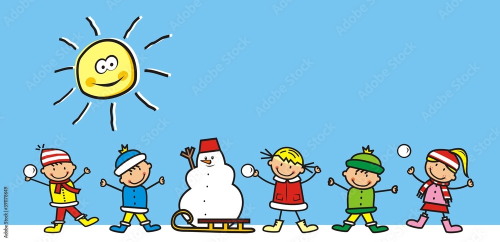 Fototapeta premium Happy kids in winter with snowman and sled, cute vector illustration