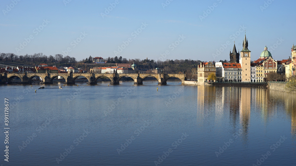 Vltava River and historic stone Charles Bridge, Prague, Czech Republic