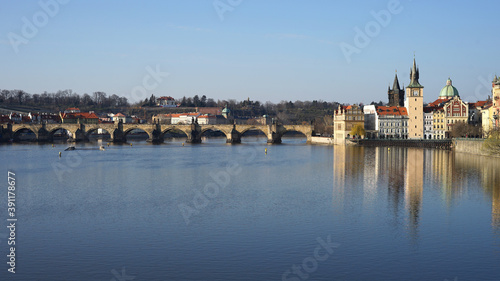 Vltava River and historic stone Charles Bridge, Prague, Czech Republic