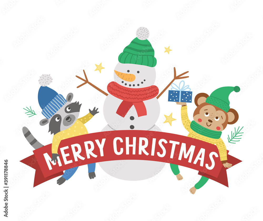 Vector Merry Christmas composition with text, snowman, raccoon, monkey. Funny winter holiday background design for banners, posters, invitations. New Year card template . Vector Merry Christmas composition with text, snowman, raccoon, monkey. Funny winter holiday background design for banners, posters, invitations. New Year card template .