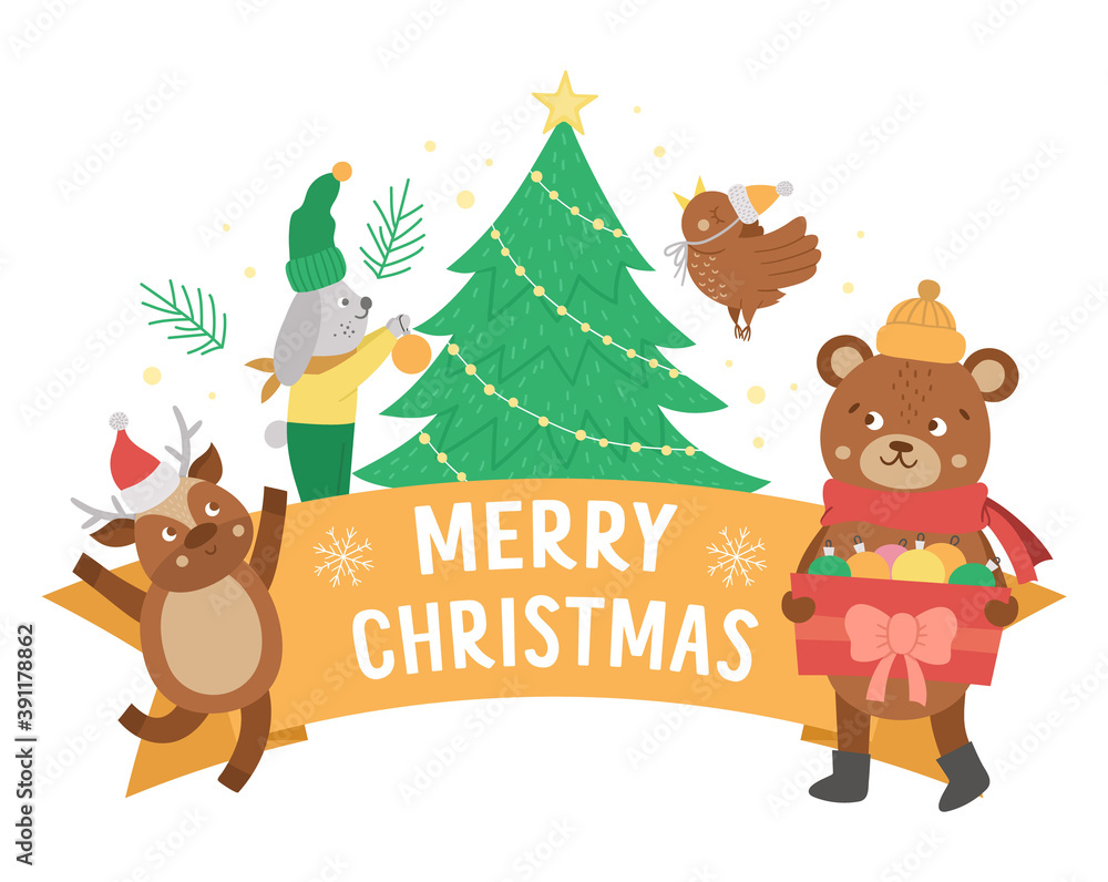 Naklejka premium Vector Merry Christmas composition with text, cute animals, fir tree. Funny winter holiday background design for banners, posters, invitations. New Year card template .