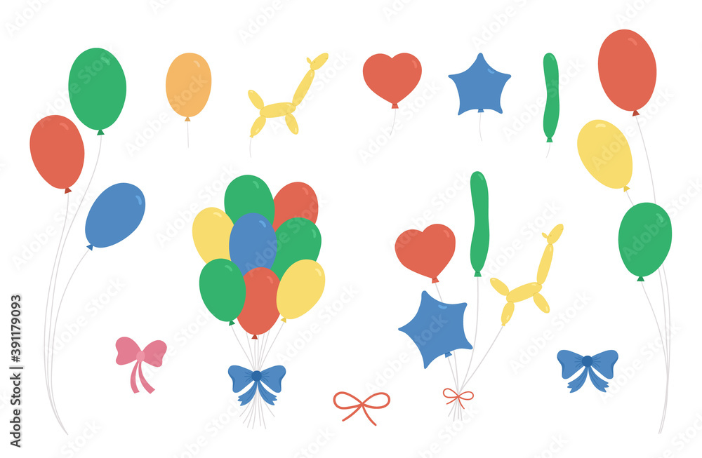 Vector cute balloons set. Funny birthday presents collection for card, poster, print design. Bright holiday illustration for kids. Pack of cheerful celebration icons isolated on white background..
