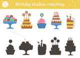Birthday shadow matching activity for children. Fun puzzle with cute party desserts. Holiday celebration educational game for kids with cakes and candles. Find the correct silhouette printable