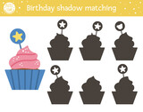 Birthday shadow matching activity for children. Fun puzzle with cute party dessert. Holiday celebration educational game for kids with cupcake. Find the correct silhouette printable worksheet. .