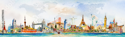 Travel famous landmarks world, Europe, Asia and America. Watercolor landscape