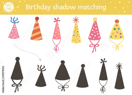 Birthday shadow matching activity for children. Fun puzzle with cute party hats. Holiday celebration educational game for kids. Find the correct silhouette printable worksheet. .