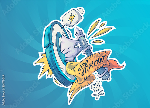 Ax in a wooden target. Creative cartoon illustration. Picture for print, advertising, applications and T-shirt print.