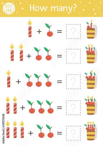 Birthday counting game with cake and candles. Holiday number recognition activity for preschool children. Educational celebration printable math worksheet with traditional dessert for kids.