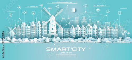 Technology wireless network communication smart city with icon in Netherlands .