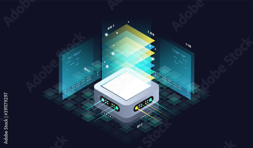 Technology isometric infographic design for quantum computer. Blockchain server concept, server room, database, information storage. Creative isometric concept.