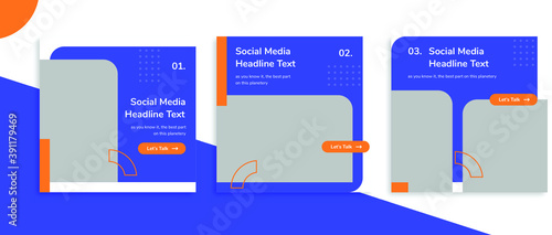 Set of editable square banner templates for Instagram post, Facebook post, for personal profile, artist, trainer, motivator, coach, model, ads, and business. With simple orange and blue color. (1/3)