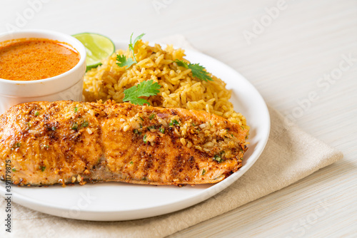 masala rice with salmon tandoori photo