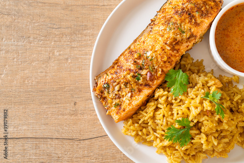 masala rice with salmon tandoori photo