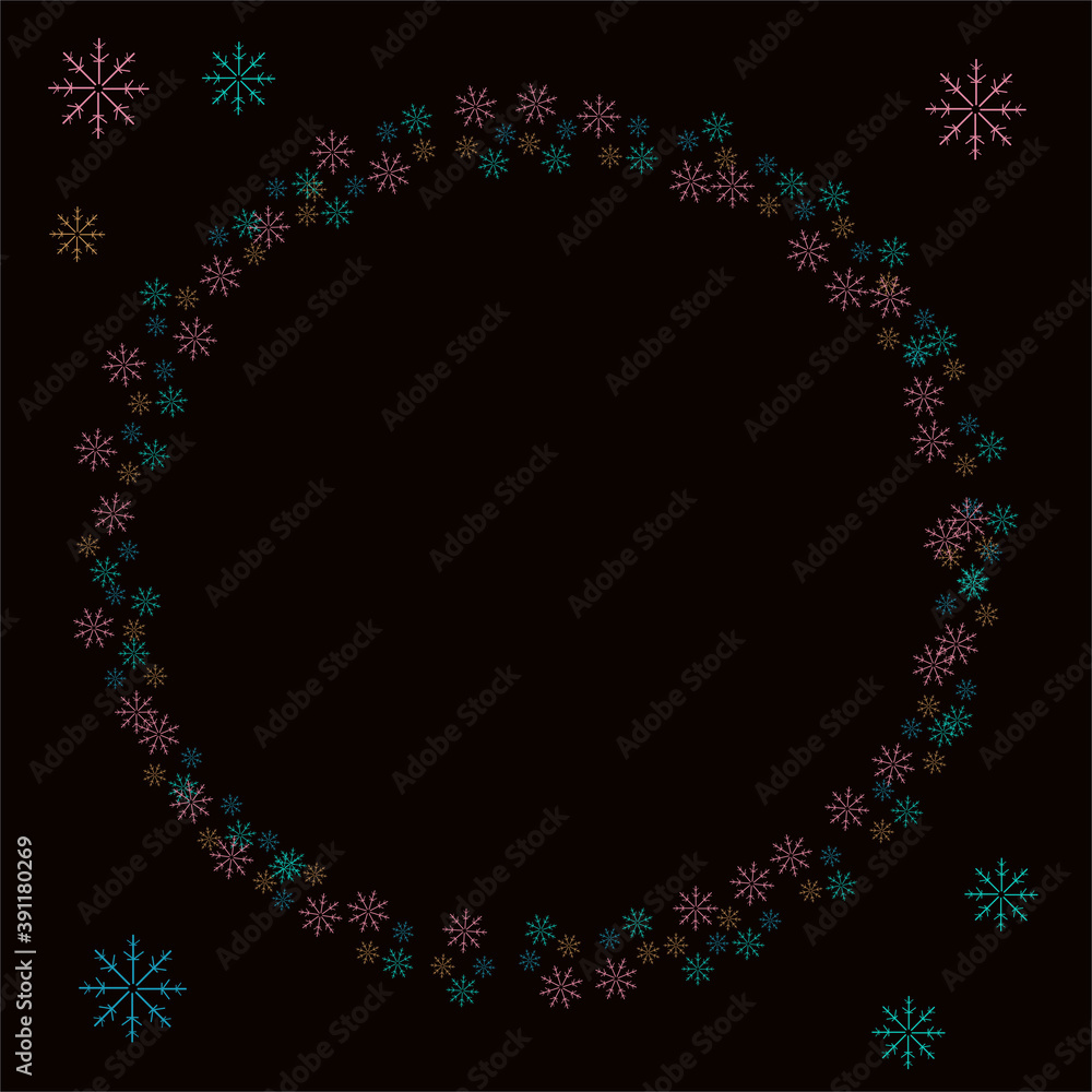 Fototapeta premium frame of multicolored snowflakes, Christmas card on a black background paper snowflakes