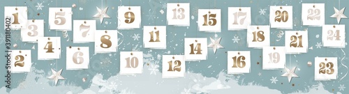 Christmas advent calendar. Paper sheets with number of the day of december, confetti, decorations on a blue. New Year 2021 greeting card.Vector.