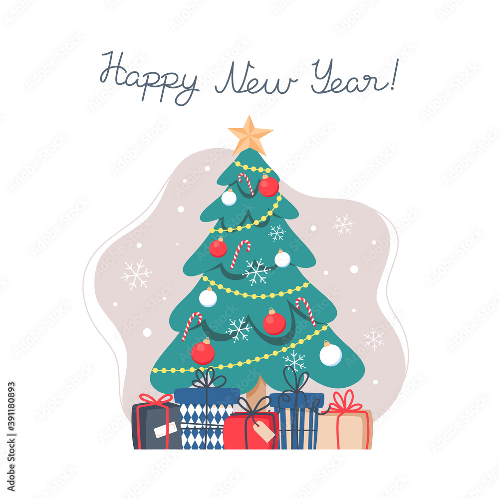 Christmas tree with gifts, Happy New Year, vector illustration in flat style, template for a holiday card Christmas tree with gifts, Happy New Year, vector illustration in flat style, template for a holiday card
