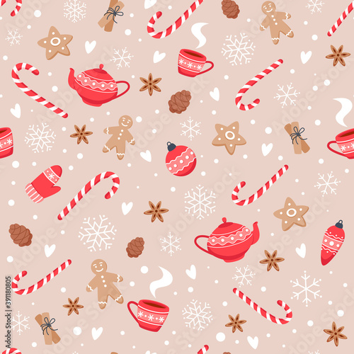 Christmas seamless pattern with baking, gingerbread cookies and new year candies
