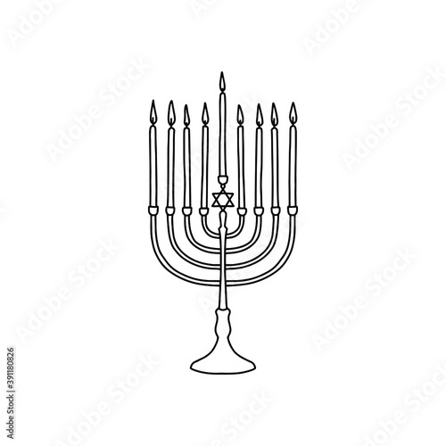 Outline Hanukkah menorah icon, doodle, black and white illustration. Vector Stock illustration.