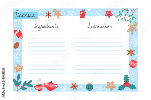 Christmas holiday baking recipe template with ingredients and instructions copy space