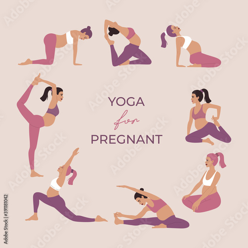 Yoga for pregnant women set, active pregnancy, healthcare collection of young girls performing physical exercises, modern hand drawn illustration in flat cartoon style, isolated on light background. 