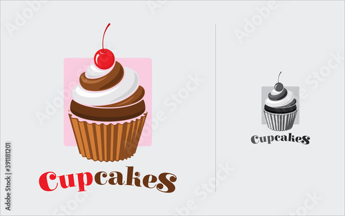 Logo Template Design for Cake Shop or Cupcake logo with cherry topping. Valentine day gift present decoration. Vector illustration - Vector.