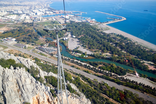 Cable Car in the mountain and blue sea background in sunny day