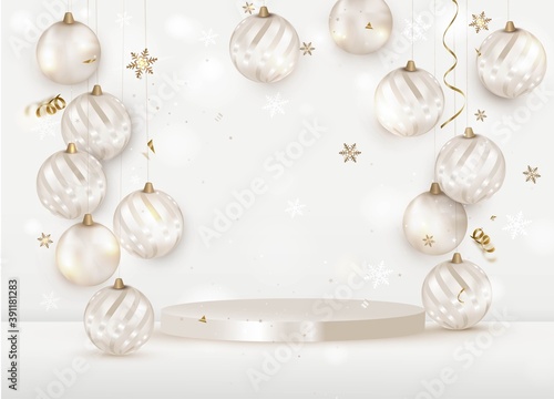 Christmas design with white christmas balls on a white podium.  Scene mockup. Anniversary. New Year 2021 greeting card, template for sales, promotion, invitation.Vector.