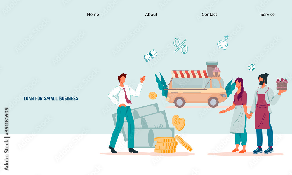 Web page template for loan and bank services for small business with entrepreneurs and bank agent. Financial support and credit for small business entrepreneurship, flat vector illustration.