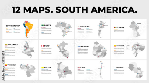 South America. Vector map infographic templates. Slide presentation. Brazil, Argentina, Colombia etc. All countries divided into provinces. 