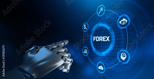 Forex stock trading robot, finance and technology process automation concept. Robotic hand pressing button. 3D rendering
