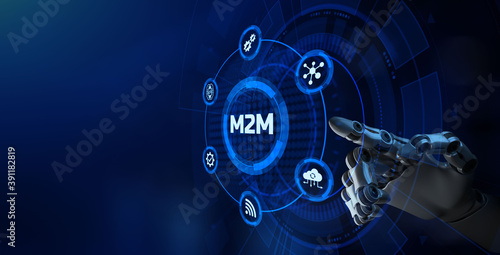 M2M Machine to machine communication technology concept Robot hand pressing on virtual screen. 3D rendering.