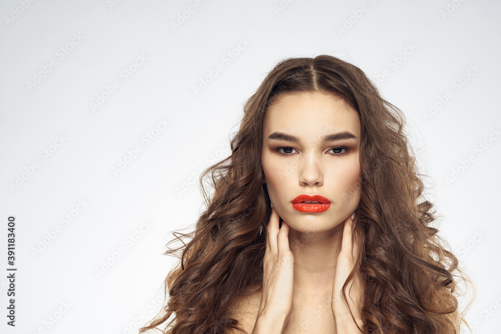 Elegant woman with bare shoulders red lips glamor attractive look cropped look Elegant woman with bare shoulders red lips glamor attractive look cropped look