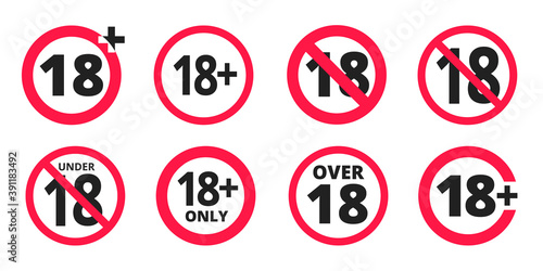 Under 18 forbidden round icon sign vector illustration set. Eighteen or older persons adult content 18 plus only rating isolated on white background.