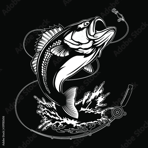 Fishing bass logo. Bass fish with rod club emblem. Fishing theme illustration. Fish Isolated on white.