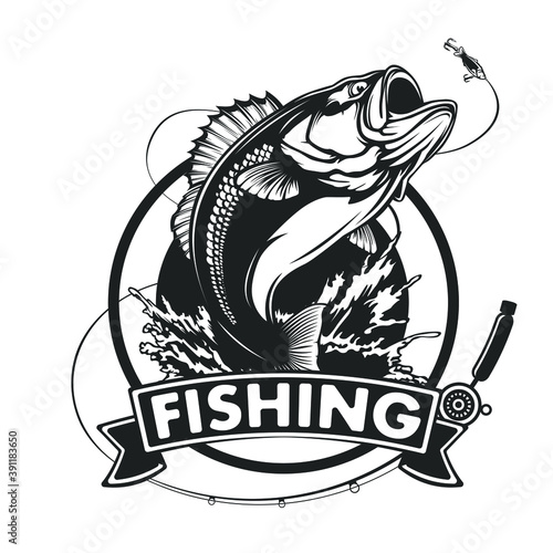 Fishing bass logo. Bass fish with rod club emblem. Fishing theme illustration. Fish Isolated on white.
