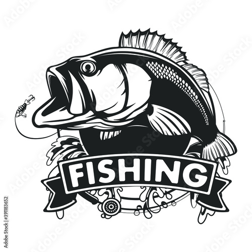 Fishing bass logo. Bass fish with rod club emblem. Fishing theme illustration. Fish Isolated on white.