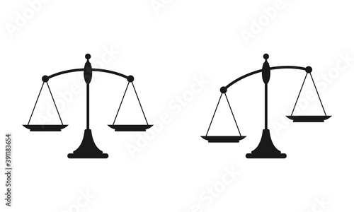 Black mechanical scales balance icon set isolated on white. Justice, law scale.