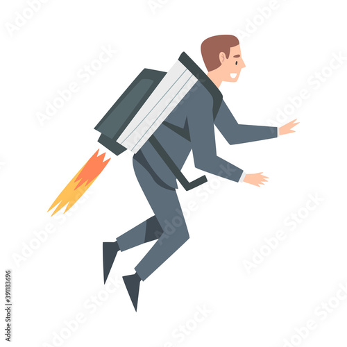 Businessman Flying with Jetpack, Leadership, Competitive Advantage, Startup Business Concept Cartoon Style Vector Illustration