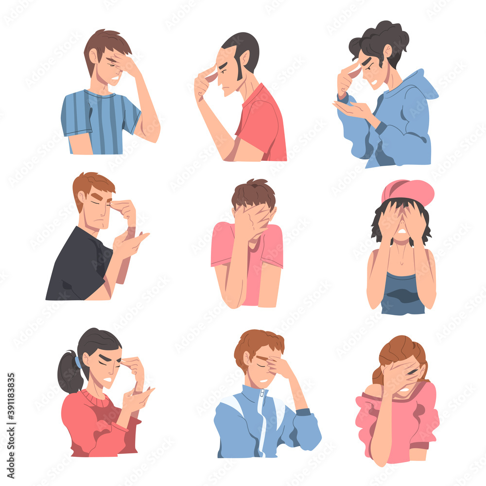 Embarrassed People Set, Regretful Persons Sorry and Apologizing Cartoon Style Vector Illustration Embarrassed People Set, Regretful Persons Sorry and Apologizing Cartoon Style Vector Illustration