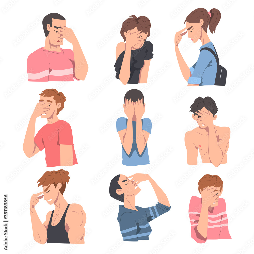 Embarrassed People Set, Regretful Persons Sorry, Apologizing and and Admitting their Guilt Cartoon Style Vector Illustration Embarrassed People Set, Regretful Persons Sorry, Apologizing and and Admitting their Guilt Cartoon Style Vector Illustration