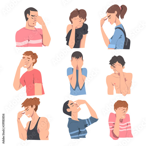 Embarrassed People Set, Regretful Persons Sorry, Apologizing and and Admitting their Guilt Cartoon Style Vector Illustration
