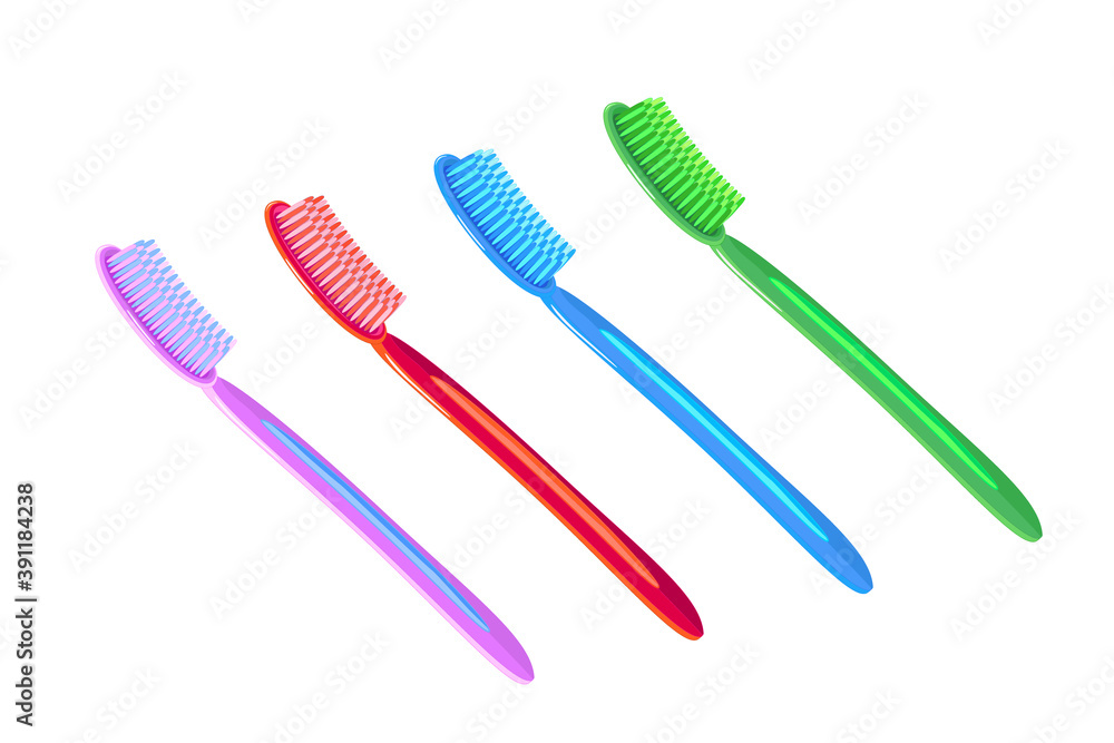 Set of color toothbrushes isolated on white background. Nylon bristles and plastic handles. Dental concept, care health, hygiene healthy. Stomatology prophylaxis equipment. Stock vector illustration Set of color toothbrushes isolated on white background. Nylon bristles and plastic handles. Dental concept, care health, hygiene healthy. Stomatology prophylaxis equipment. Stock vector illustration
