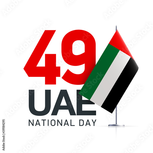 illustration banner 49 UAE national day icon with flag state symbol. Inscription in Arabic: Spirit of the union, United Arab Emirates 49 National day. 2 December Anniversary Celebration Card of 2020