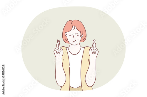 Fingers crossed, belief, wish, superstition, hope, liar concept. Young woman cartoon character standing with eyes closed and fingers crossed gesture and concentrating on better outcome of situation 