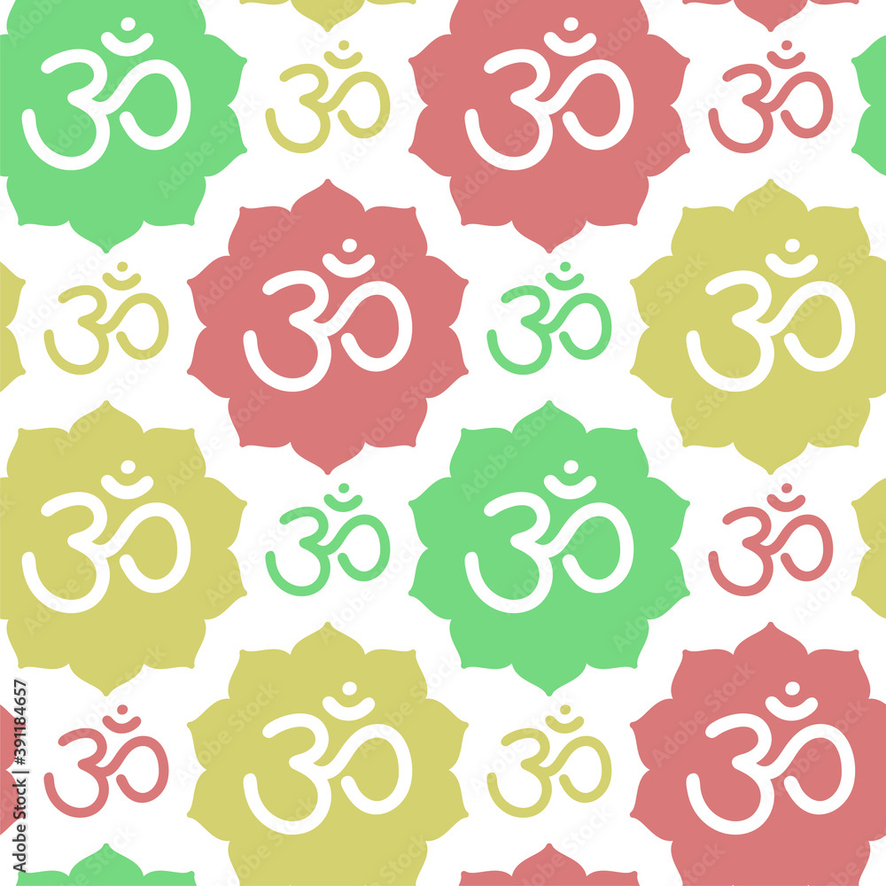 Om sign seamless pattern. Vector sacral icon. Meditation line symbol. Yoga background. Color illustration
