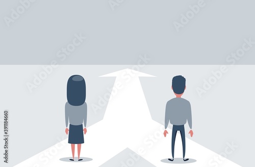 Family growth vector concept with man and woman walking towards upwards arrow. Symbol of success, promotion, career development. Vector flat design illustration.