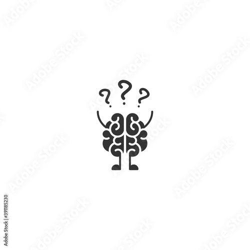 Black brain character with hands, legs and question marks.